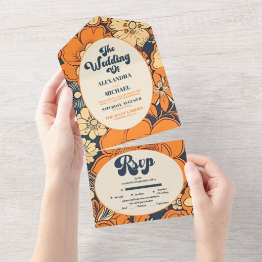 Kleurrijke Moderne Groovy Retro 70s Bloemen Bruilo All In One Uitnodiging (Afscheurbaar)