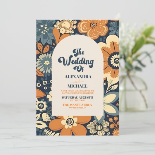 Kleurrijke Moderne Groovy Retro 70s Bloemen Bruilo Kaart (Staand voorkant)