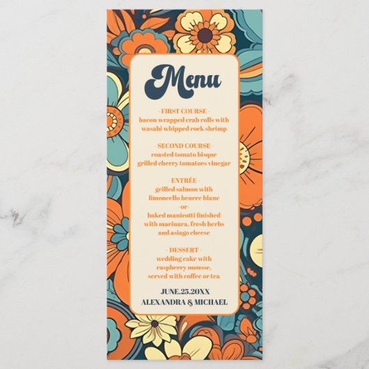 Kleurrijke Moderne Groovy Retro 70s Bloemen Bruilo Menu (Voorkant)