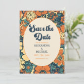 Kleurrijke Moderne Groovy Retro 70s Bloemen Bruilo Save The Date (Staand voorkant)