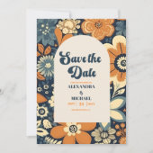 Kleurrijke Moderne Groovy Retro 70s Bloemen Bruilo Save The Date (Voorkant)