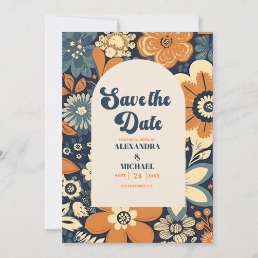 Kleurrijke Moderne Groovy Retro 70s Bloemen Bruilo Save The Date (Voorkant)