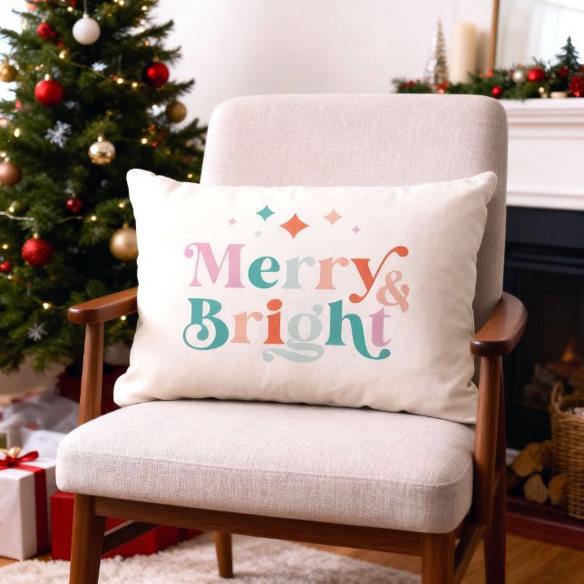 Kleurrijke moderne Kerst  Kussen (modern, retro "merry and bright" Christmas throw pillow)