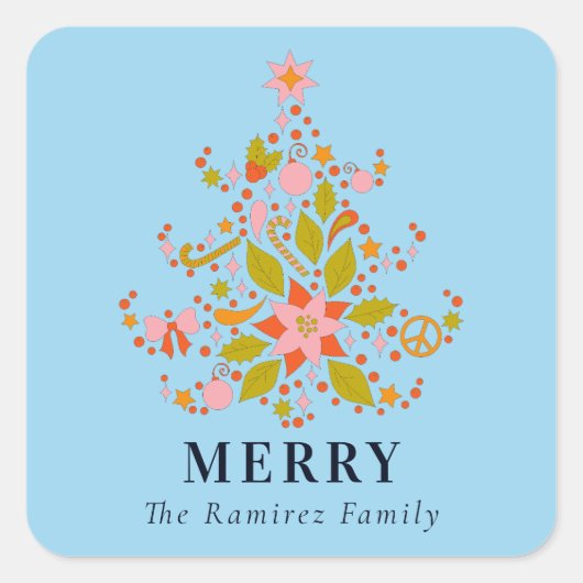 Kleurrijke moderne kerstboom vierkante sticker (Voorkant)