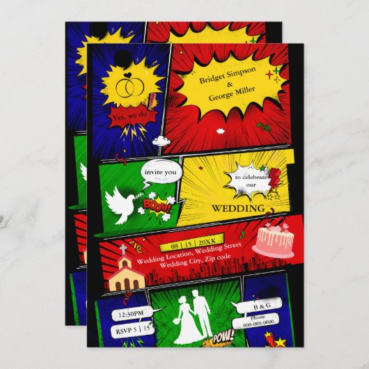 Kleurrijke moderne leuke retro comic bruiloft verh (Voorkant / Achterkant)