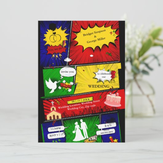 Kleurrijke moderne leuke retro comic bruiloft verh kaart (Staand voorkant)