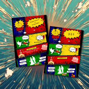 Kleurrijke moderne leuke retro comic bruiloft verh kaart