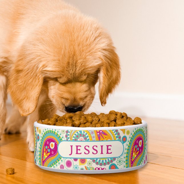 Kleurrijke Moderne Paisley Bloemmotief Persoonlijk Voerbakje (Creator heeft geüpload)