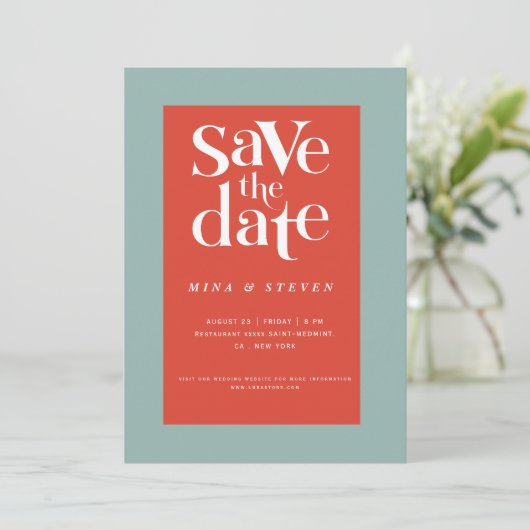 Kleurrijke moderne retro groovy bruiloft  save the date (Staand voorkant)