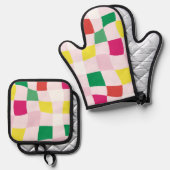 Kleurrijke Moderne Roze Plaid Kerstmis Groen Ovenwant & Pannenlap Set (Voorkant / Achterkant)