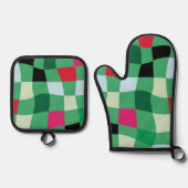 Kleurrijke Moderne Tartan Plaid Kerstgroen Ovenwant & Pannenlap Set (Voorkant)