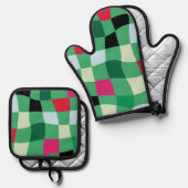 Kleurrijke Moderne Tartan Plaid Kerstgroen Ovenwant & Pannenlap Set (Voorkant / Achterkant)