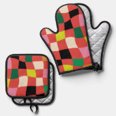 Kleurrijke Moderne Tartan Rode Kerstblokken Ovenwant & Pannenlap Set (Voorkant / Achterkant)