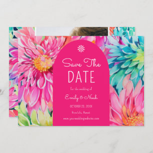 Kleurrijke moderne tropische bloemen bruiloft foto save the date