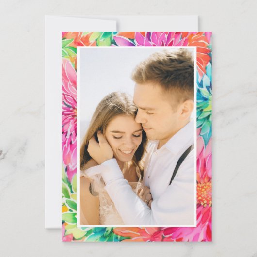 Kleurrijke moderne tropische bloemen bruiloft foto save the date (Achterkant)