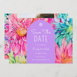 Kleurrijke moderne tropische bloemen bruiloft foto save the date