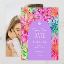 Kleurrijke moderne tropische bloemen bruiloft foto save the date