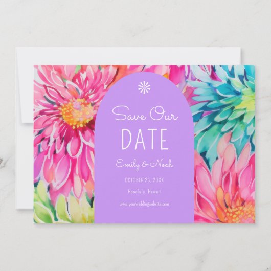 Kleurrijke moderne tropische bloemen bruiloft foto save the date (Voorkant)