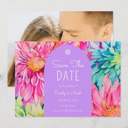 Kleurrijke moderne tropische bloemen bruiloft foto save the date (Voorkant / Achterkant)