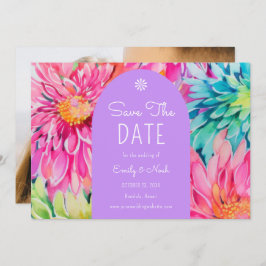 Kleurrijke moderne tropische bloemen bruiloft foto save the date
