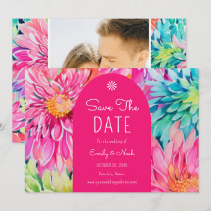 Kleurrijke moderne tropische bloemige huwelijksfot save the date