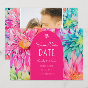 Kleurrijke moderne tropische bloemige huwelijksfot save the date