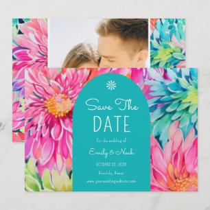 Kleurrijke moderne tropische bloemige huwelijksfot save the date