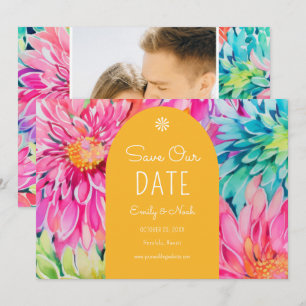 Kleurrijke moderne tropische bloemige trouwfoto save the date