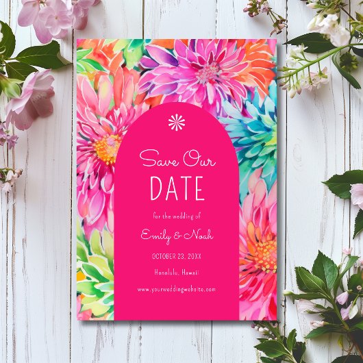Kleurrijke moderne tropische Waterverf bloemenbrui Save The Date