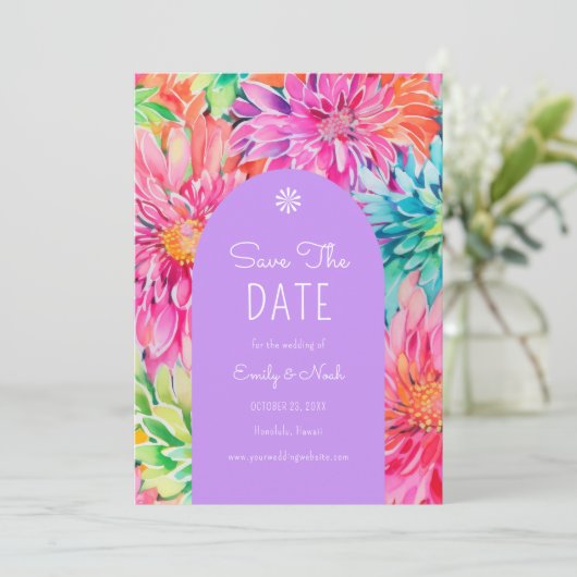 Kleurrijke moderne tropische Waterverf bloemenbrui Save The Date (Staand voorkant)