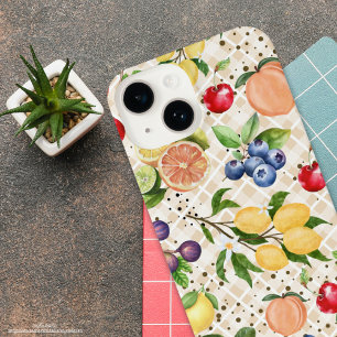 Kleurrijke moderne  vruchten en bruin Schots iPhone 14 Hoesje