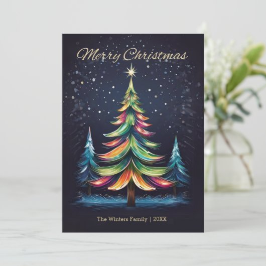 Kleurrijke moderne winterbomen Sneeuw Vrolijk Kers Feestdagenkaart (Staand voorkant)