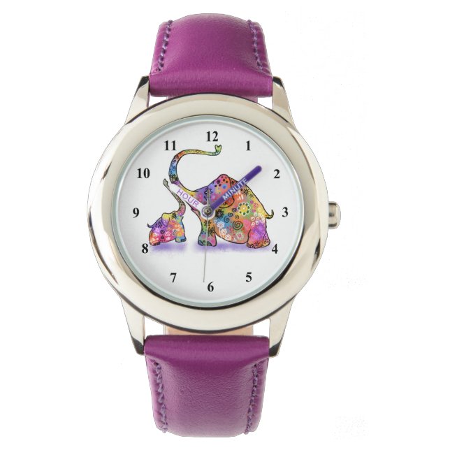 Kleurrijke Moeder en Baby Olifant Horloge Gift (Voorkant)