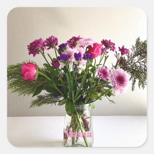 Kleurrijke Moederdag Mama Boeket + aangepaste opti Vierkante Sticker (Voorkant)