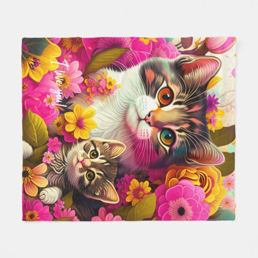 Kleurrijke moederkat en glazen flenderen fleece deken (Voorkant (Horizontaal))