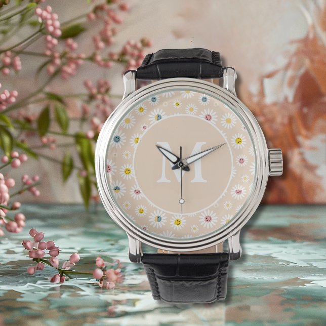 Kleurrijke Monogram Glimlachende Daisy gepersonali Horloge (Colourful Monogram Smiling Daisy personalised Watch)
