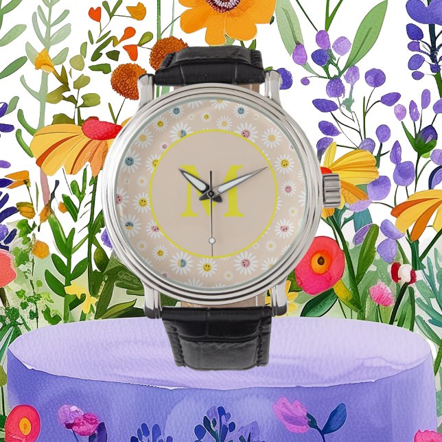 Kleurrijke Monogram Glimlachende Daisy gepersonali Horloge (Colourful Monogram Smiling Daisy personalised Watch)