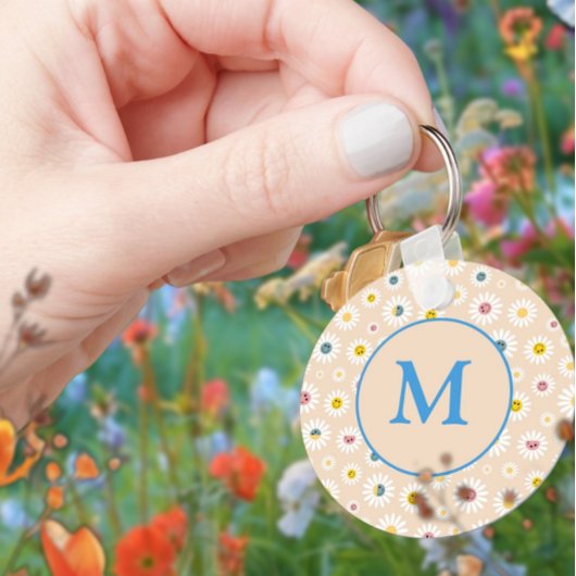 Kleurrijke Monogram Glimlachende Daisy gepersonali Sleutelhanger