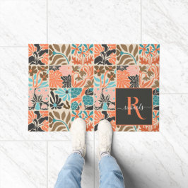 Kleurrijke Monogram Script Retro Bloemenpatroon Deurmat