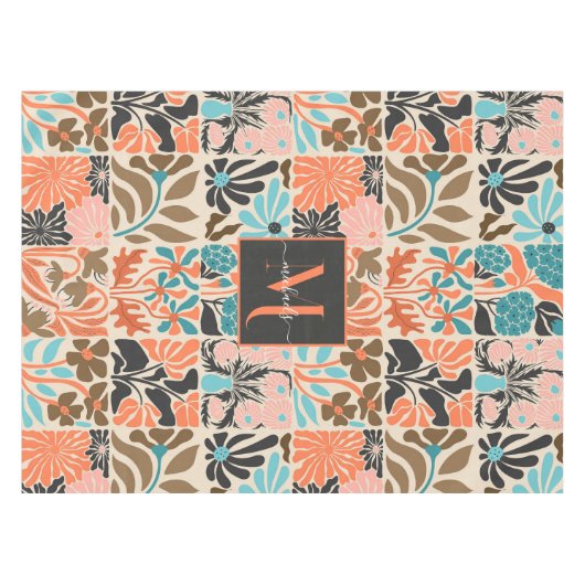 Kleurrijke Monogram Script Retro Bloemenpatroon Tafelkleed (Voorkant (Horizontaal))