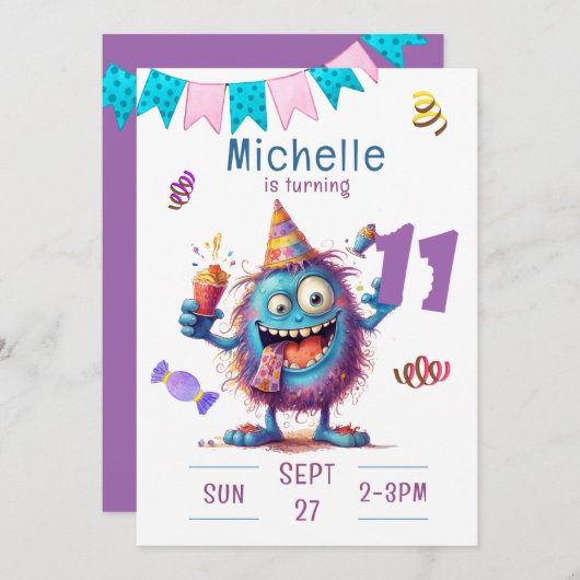 Kleurrijke Monster Elfjarig Verjaardag Uitnodiging (Voorkant / Achterkant)
