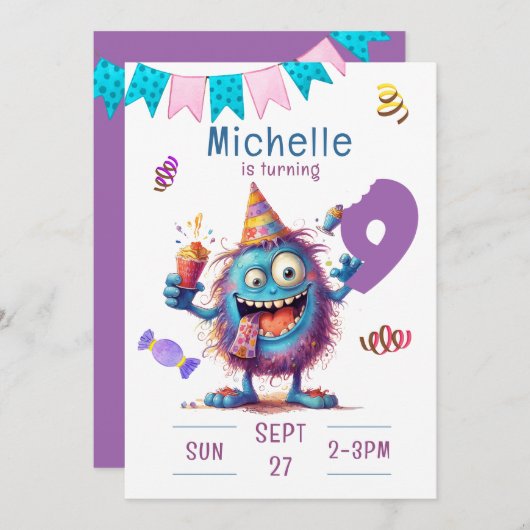 Kleurrijke Monster negen jaar verjaardag uitnodigi Kaart (Voorkant / Achterkant)