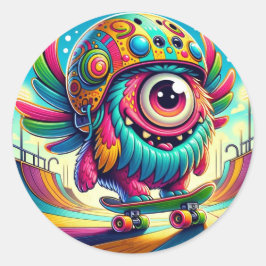 Kleurrijke Monster Skateboarder Ronde Sticker