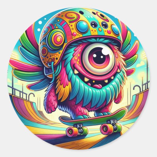 Kleurrijke Monster Skateboarder Ronde Sticker (Voorkant)