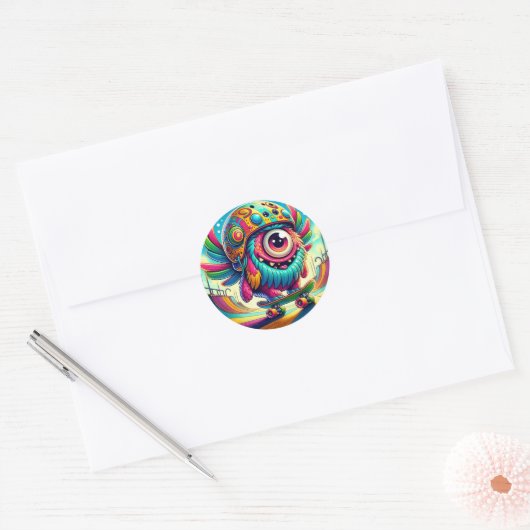 Kleurrijke Monster Skateboarder Ronde Sticker (Envelop)