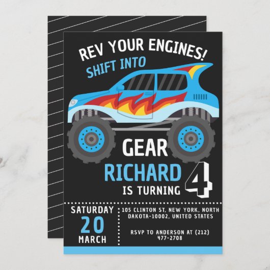 Kleurrijke Monster Truck Theme Kids Verjaardagsfee Kaart (Voorkant / Achterkant)