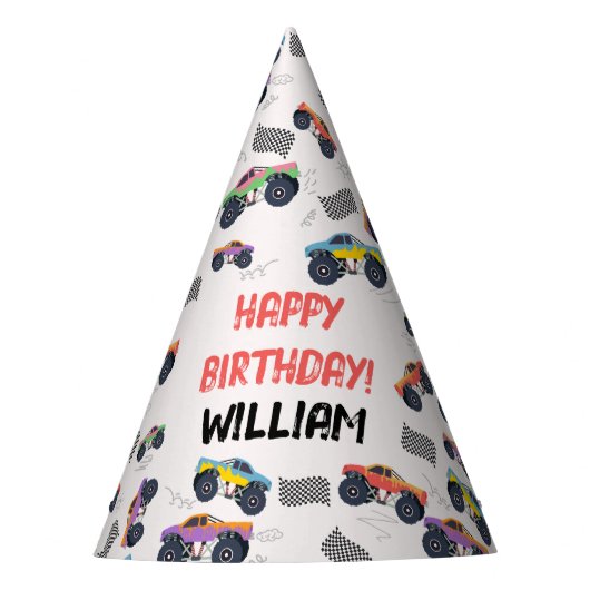 Kleurrijke Monster Trucks Racing Kids Verjaardagsf Feesthoedjes (Voorkant)