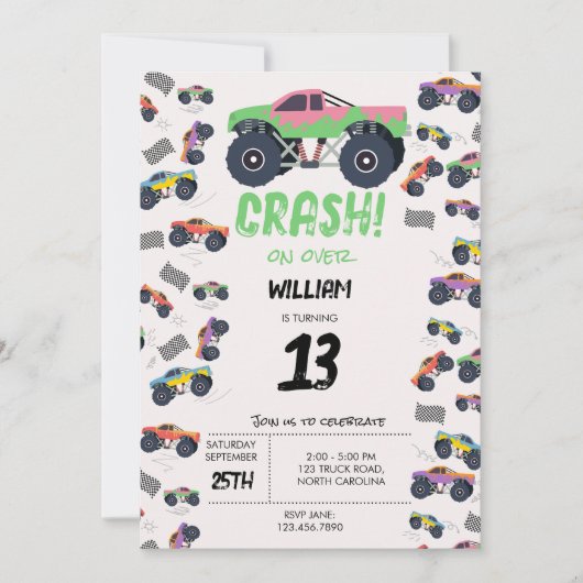 Kleurrijke Monster Trucks Racing Kids Verjaardagsf Kaart (Voorkant)