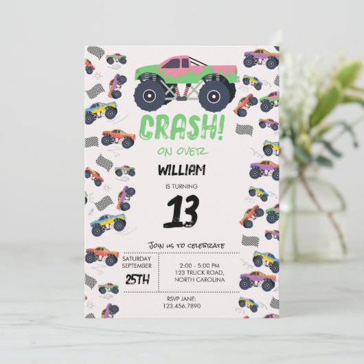 Kleurrijke Monster Trucks Racing Kids Verjaardagsf Kaart (Staand voorkant)