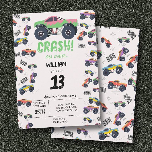Kleurrijke Monster Trucks Racing Kids Verjaardagsf Kaart